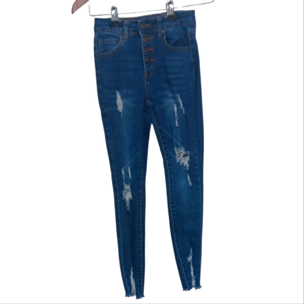 Gogo Blue Distressed High Rise Jeggings Button Fly Girl's Size 10